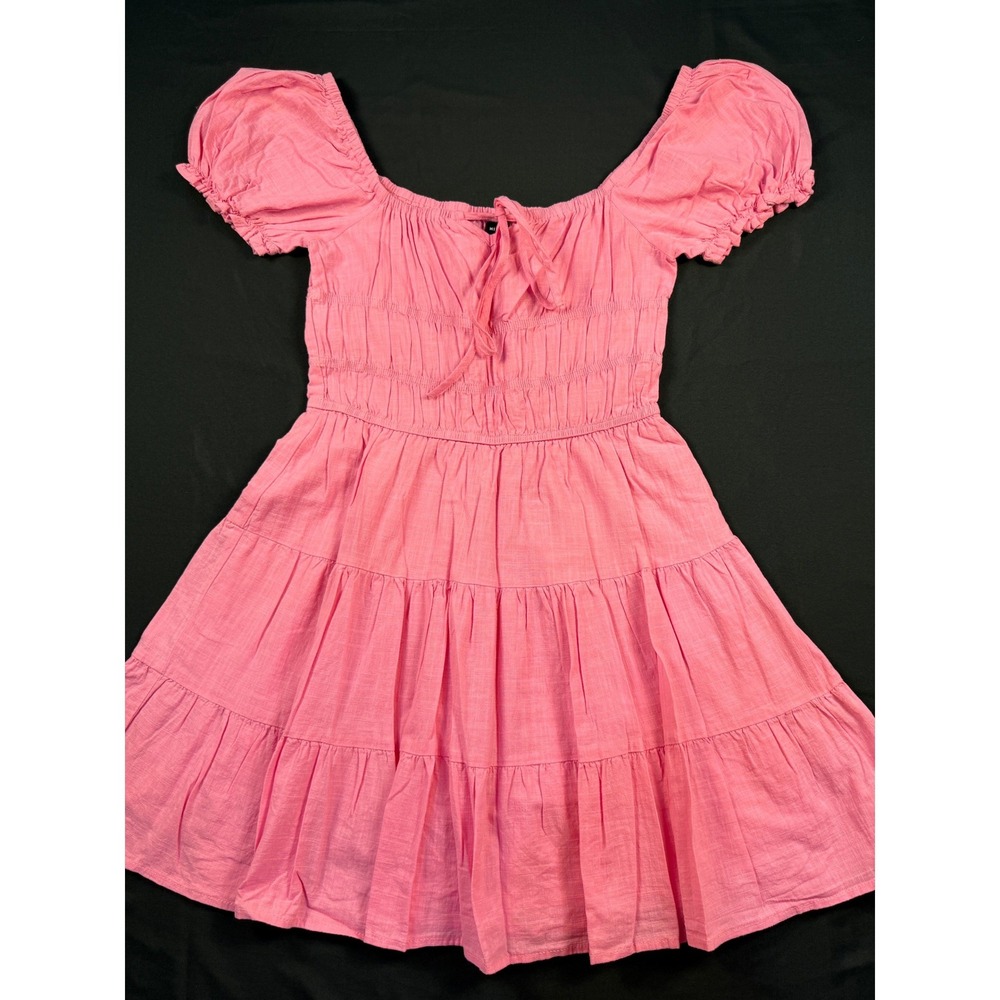 SHEIN Pink Smocked Tiered Mini Dress Puff Sleeve Cottagecore‎ Boho Women Small